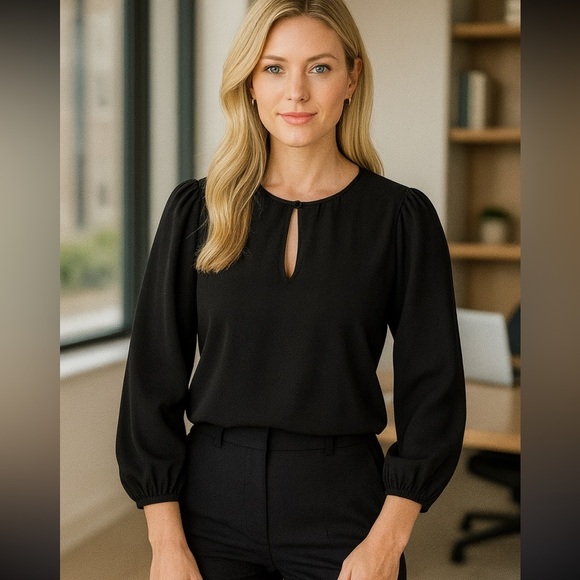 J. Crew Tops - J Crew Shirt Womens Black Puff Sleeve Satin Back Crepe Office Size MTall